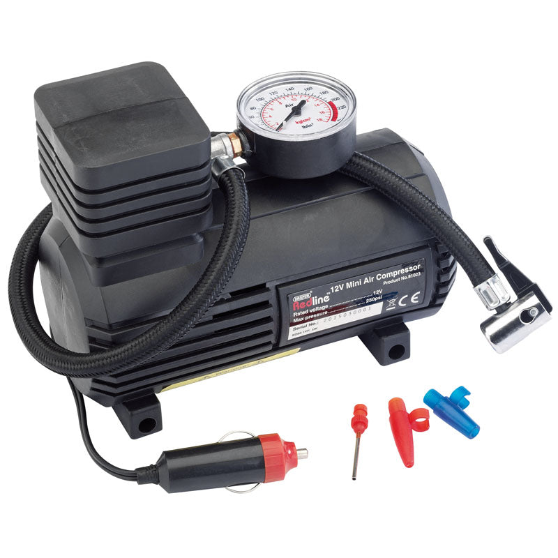 Draper Redline 12V Mini Analogue Air Compressor, 250psi Max. DRA-81023