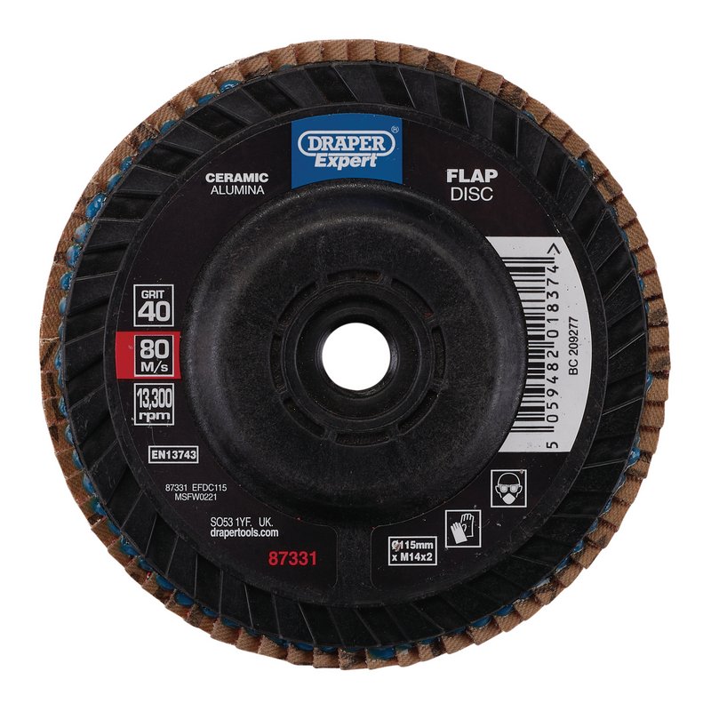 Draper Expert Ceramic Flap Disc, 115mm, M14, 40 Grit DRA-87331