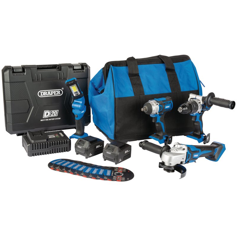Draper D20 20V Workshop Kit (4 Piece), 1 x 3.0Ah Batteries, 1 x 4.0Ah Battery, 1 x Fast Charger, 1 x Bag DRA-90470