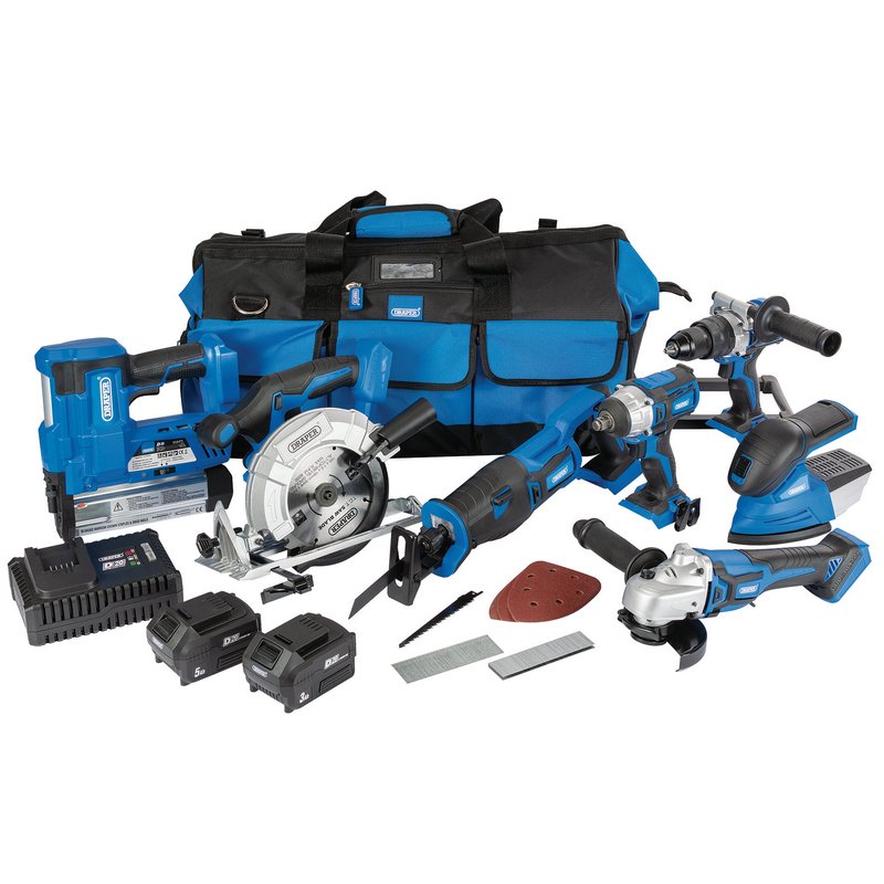 Draper D20 20V Jumbo Kit (7 Piece), 1 x 3.0Ah Batteries, 1 x 5.0Ah Battery, 1 x Charger, 1 x Tool Bag DRA-90473