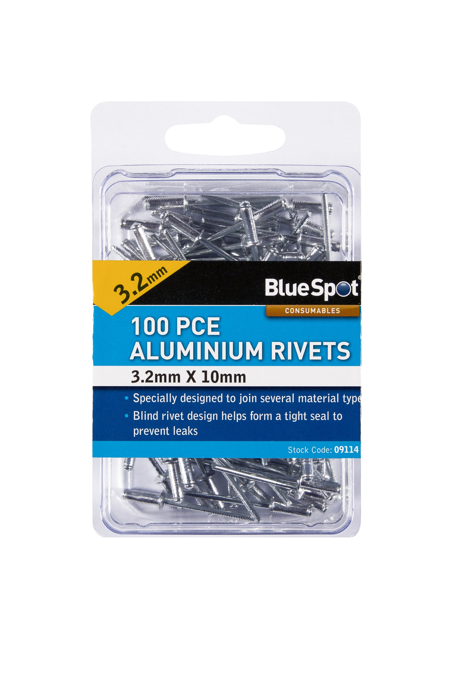 BlueSpot 100 PCE 3.2mm X 10mm Aluminium Rivets 09114