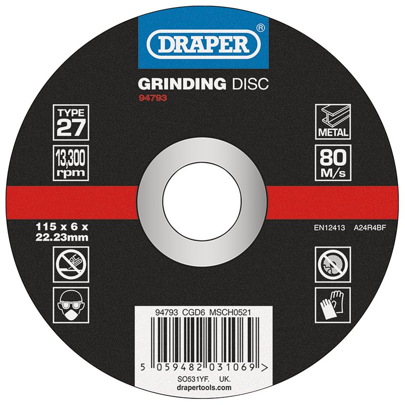Draper DPC Metal Grinding Disc, 115 x 6 x 22.23mm DRA-94793
