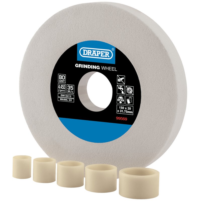 Draper Aluminium Oxide Bench Grinding Wheel, 150 x 20mm, 80g, White DRA-99569