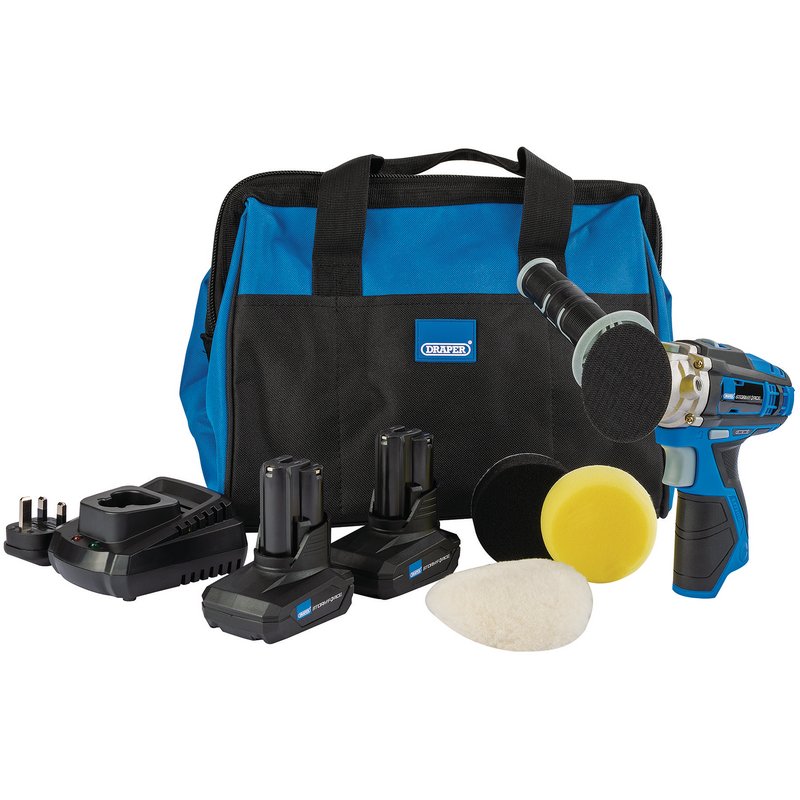 Draper Storm Force® ; 10.8V Power Interchange Mini Polisher Kit (+2x 4Ah Batteries, Charger and Bag) DRA-99727