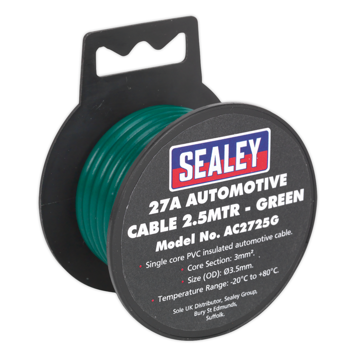 Sealey 2.5m 27A Thick Wall Automotive Cable - Green AC2725G