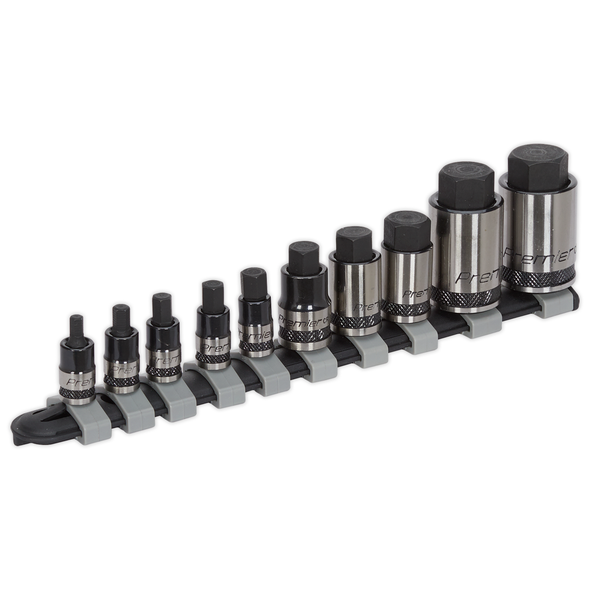 Sealey 10pc 1/4", 3/8" & 1/2"Sq Drive Stubby Hex Socket Bit Set - Black Series AK6229B