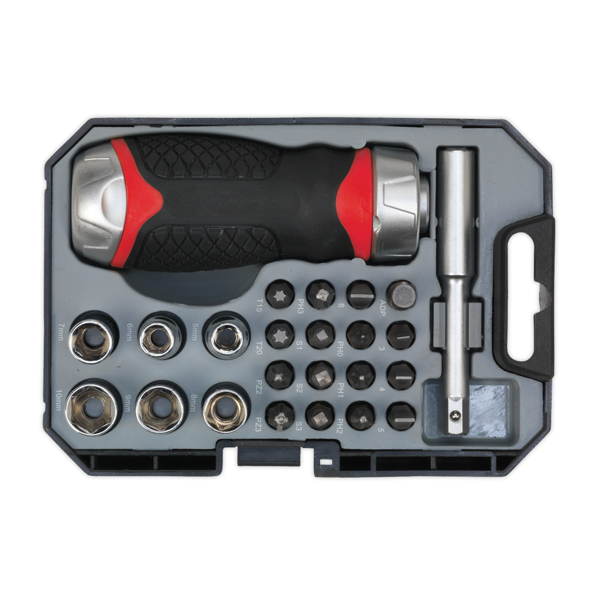 Sealey 24pc Fine Tooth Stubby Ratchet Screwdriver Socket & Bit Set AK64906