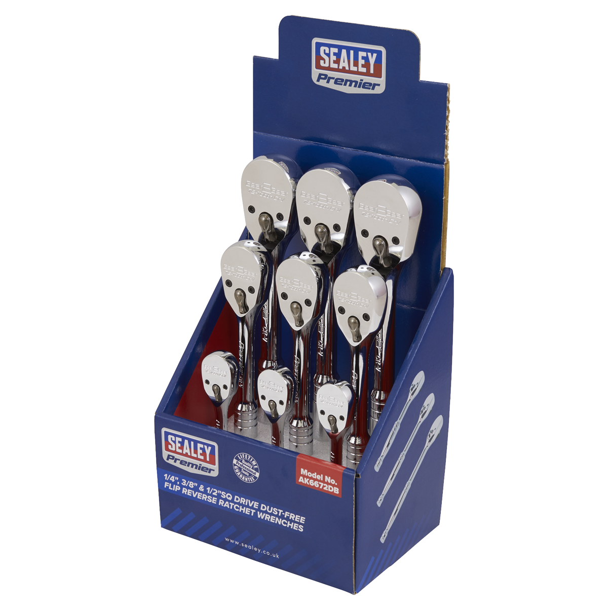 Sealey 1/4", 3/8" & 1/2"Sq Drive Dust-Free Ratchet Wrenches with Flip Reverse - Display Box of 9 AK6672DB