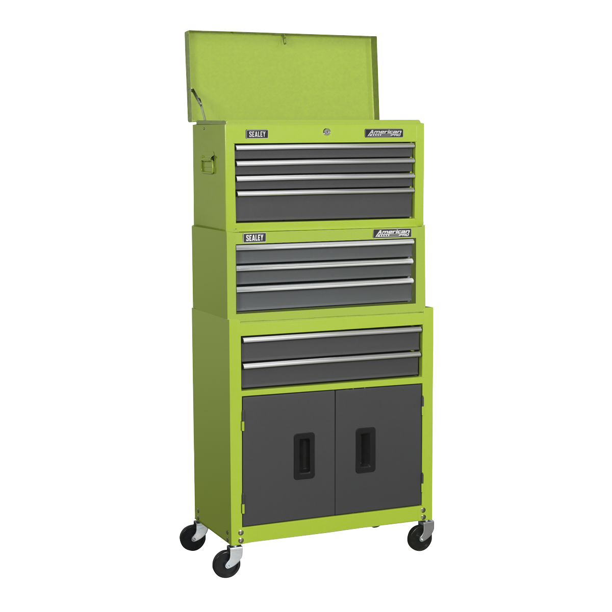 Sealey 9 Drawer Topchest, Mid-Box & Rollcab Stack - Hi-Vis Green AP2200BBHVSTACK