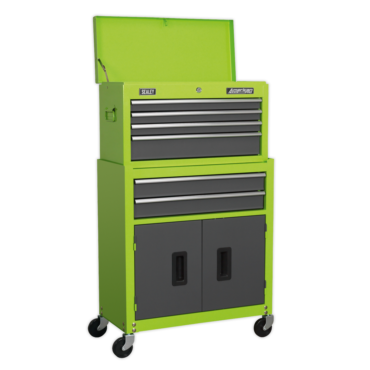 Sealey 6 Drawer Topchest & Rollcab Combination with Ball-Bearing Slides - Hi-Vis Green/Grey AP2200BBHV