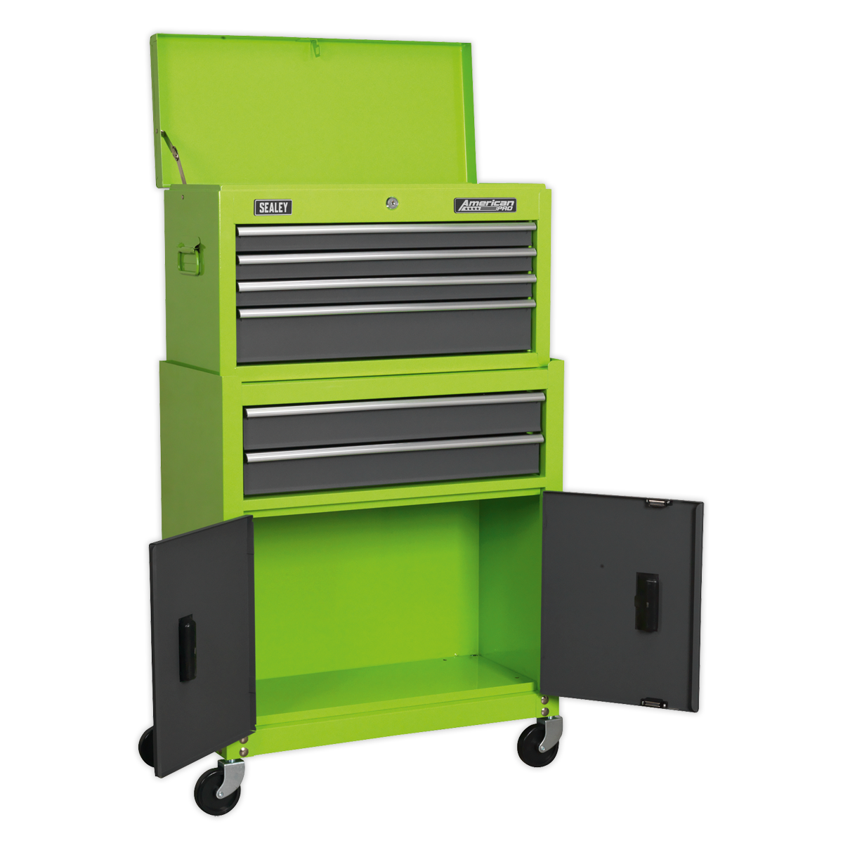 Sealey 6 Drawer Topchest & Rollcab Combination with Ball-Bearing Slides - Hi-Vis Green/Grey AP2200BBHV
