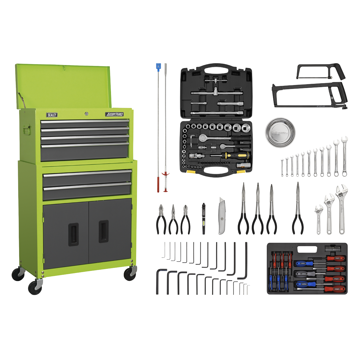 Sealey 6 Drawer Topchest & Rollcab Combination with Ball-Bearing Slides - Hi-Vis Green/Grey & 128pc Tool Kit AP2200COMBOHV