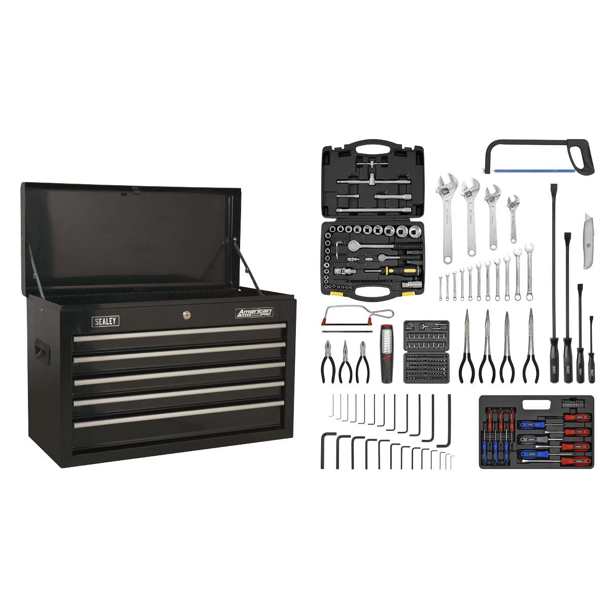 Sealey 5 Drawer Topchest with Ball-Bearing Slides - Black & 230pc Tool Kit AP225BCOMBO