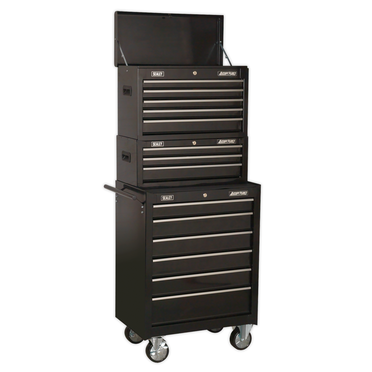 Sealey 14 Drawer Topchest, Mid-Box & Rollcab Stack - Black AP22BSTACK