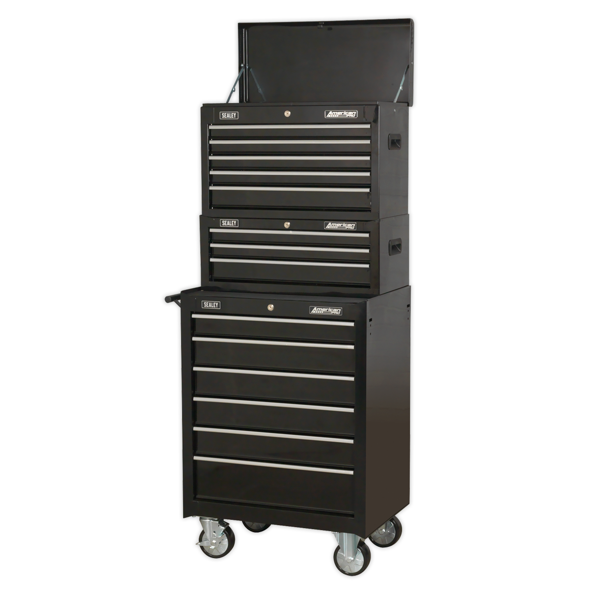 Sealey 14 Drawer Topchest, Mid-Box & Rollcab Stack - Black AP22BSTACK