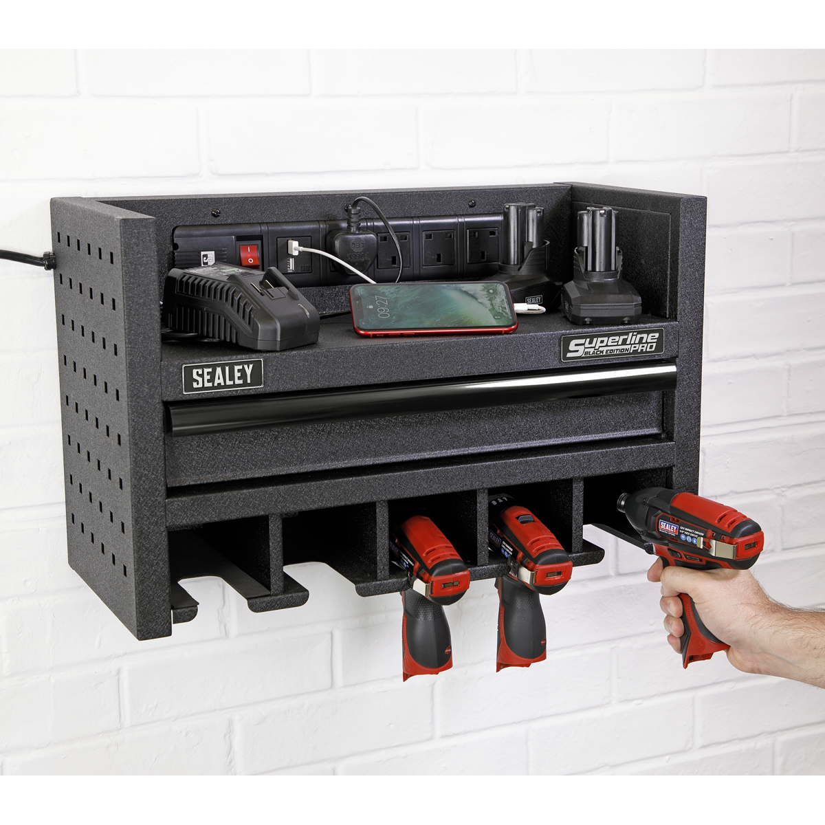 Sealey 560mm Power Tool Storage Rack with Drawer & Power Strip AP22SRBE