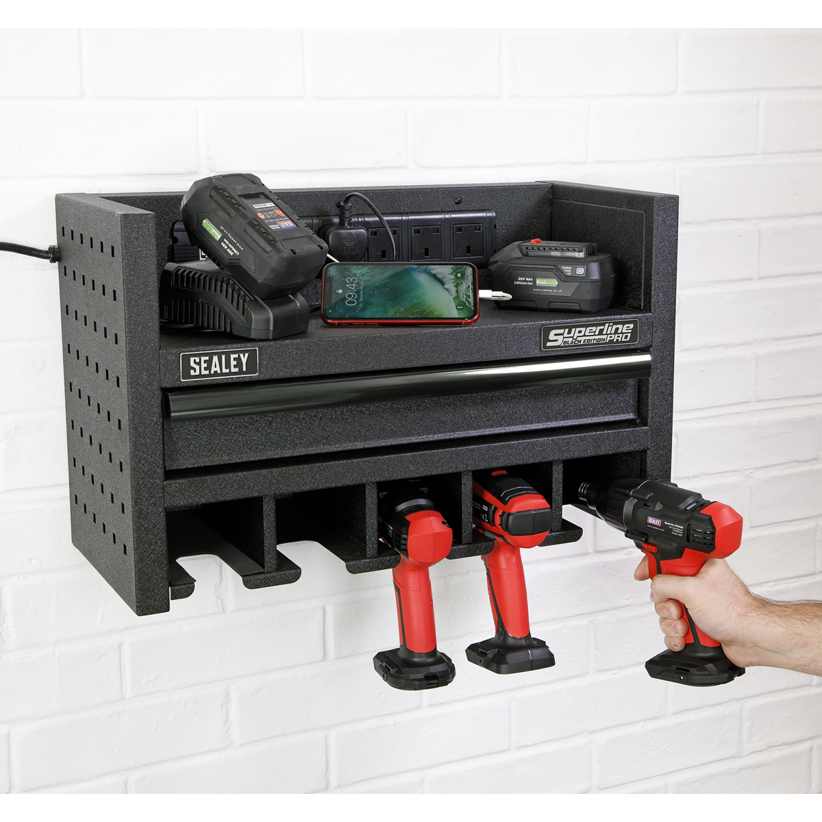 Sealey 560mm Power Tool Storage Rack with Drawer & Power Strip AP22SRBE