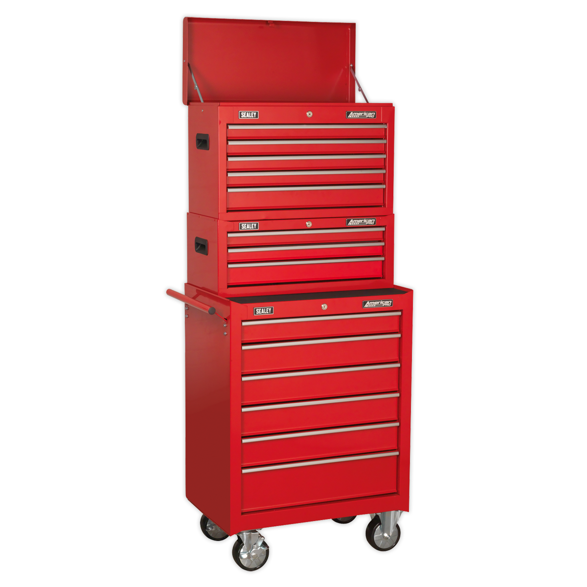 Sealey 14 Drawer Topchest, Mid-Box & Rollcab Combination with Ball-Bearing Slides - Red AP22STACK