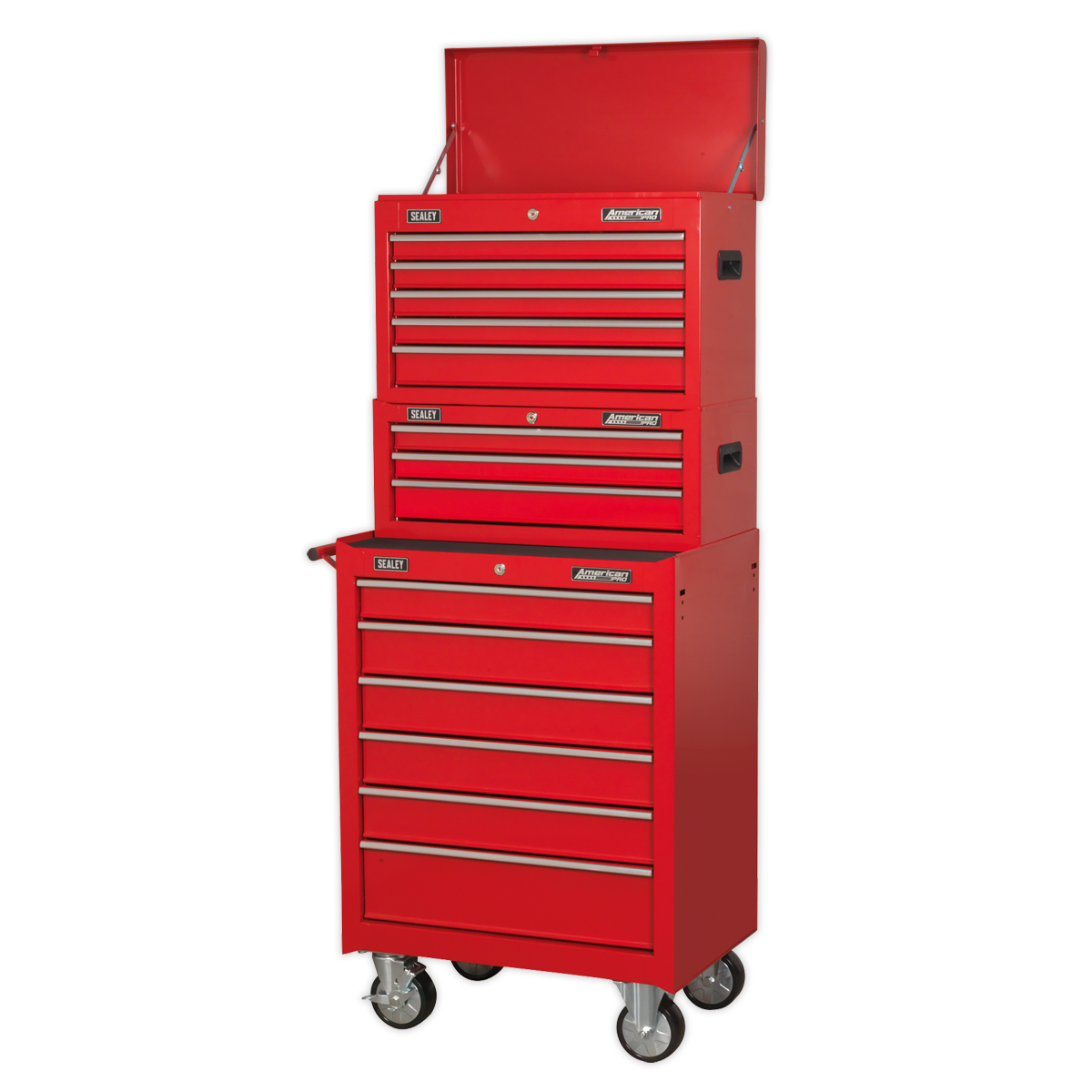 Sealey 14 Drawer Topchest, Mid-Box & Rollcab Combination with Ball-Bearing Slides - Red AP22STACK