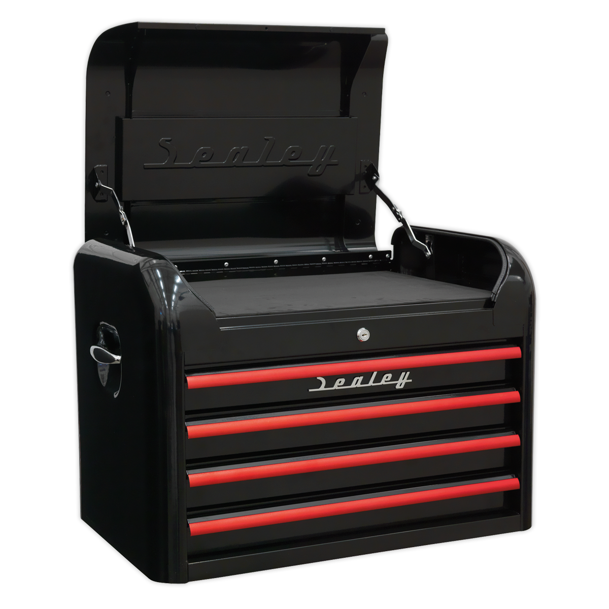 Sealey 4 Drawer Retro Style Topchest - Black with Red Anodised Drawer Pulls AP28104BR