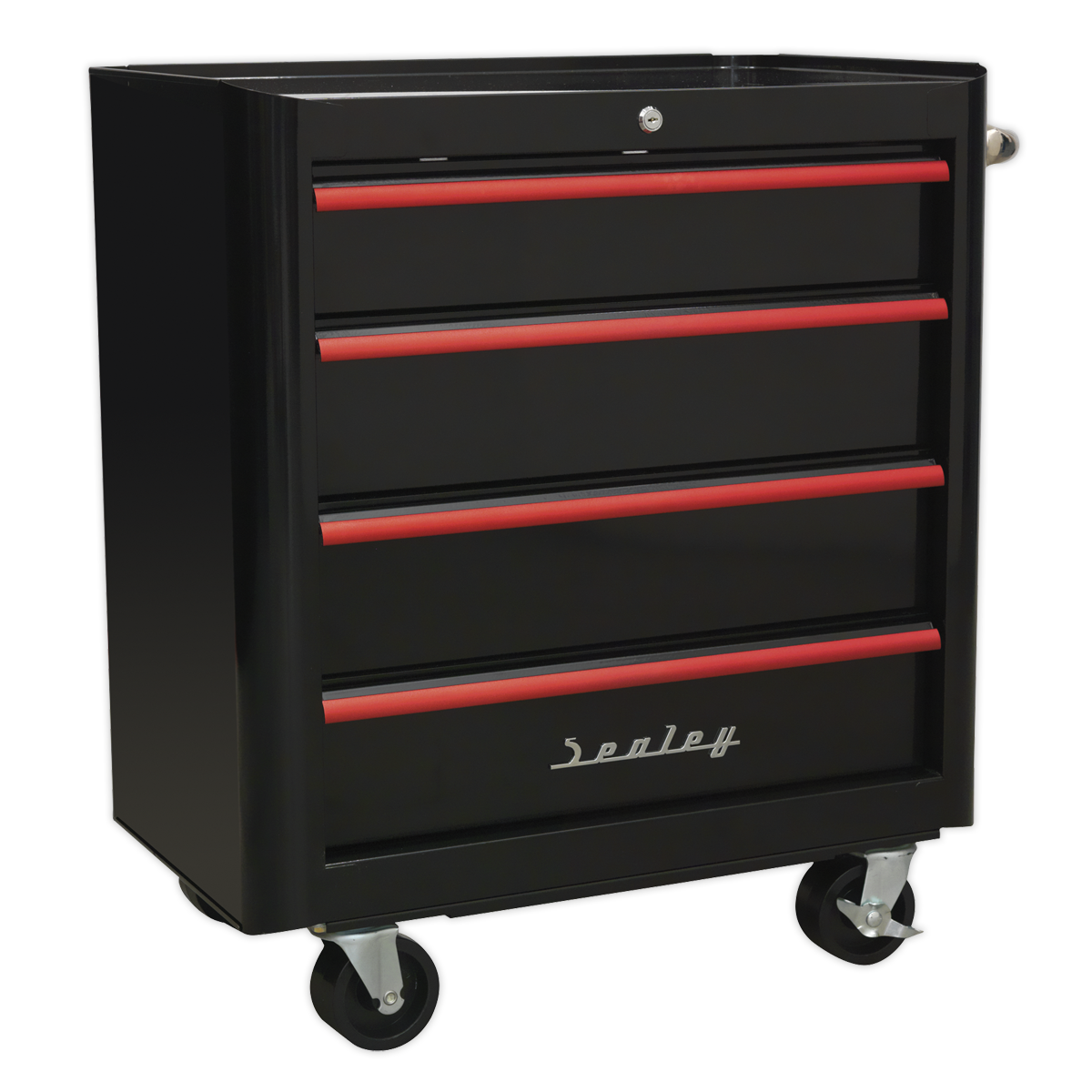 Sealey 4 Drawer Retro Style Rollcab - Black with Red Anodised Drawer Pulls AP28204BR