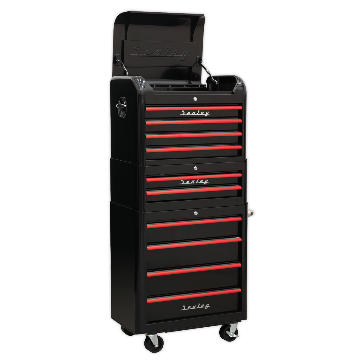 Sealey 10 Drawer Retro Style Topchest, Mid-Box & Rollcab Combination - Black with Red Anodised Drawer Pulls AP28COMBO2BR
