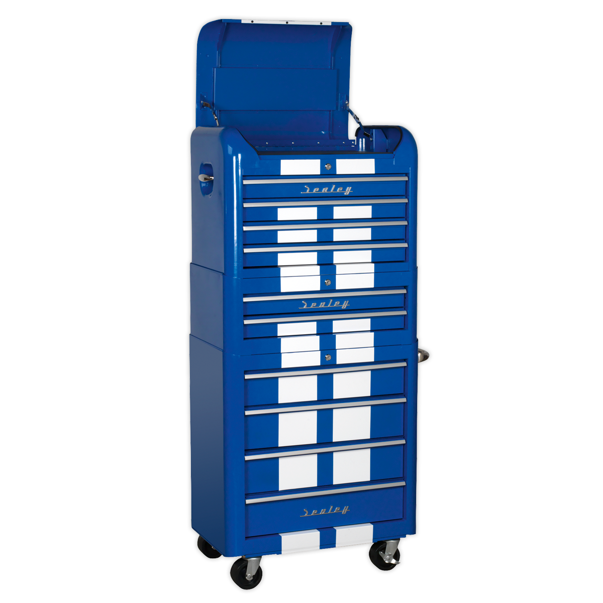 Sealey 10 Drawer Retro Style Topchest, Mid-Box & Rollcab Combination Blue/White Stripes AP28COMBO2BWS