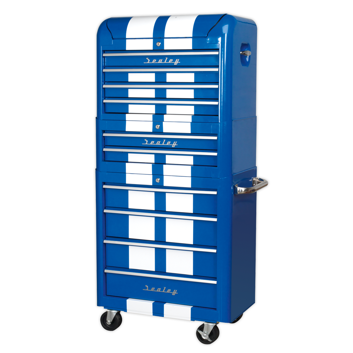Sealey 10 Drawer Retro Style Topchest, Mid-Box & Rollcab Combination Blue/White Stripes AP28COMBO2BWS