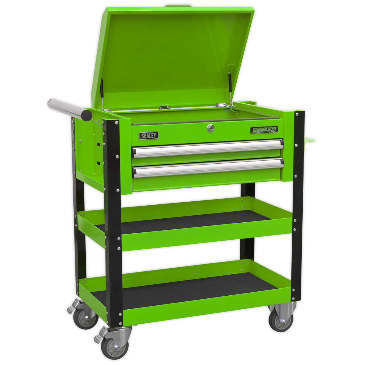 Sealey 2 Drawer Heavy-Duty Mobile Tool & Parts Trolley with Lockable Top - Hi-Vis Green AP760MHV