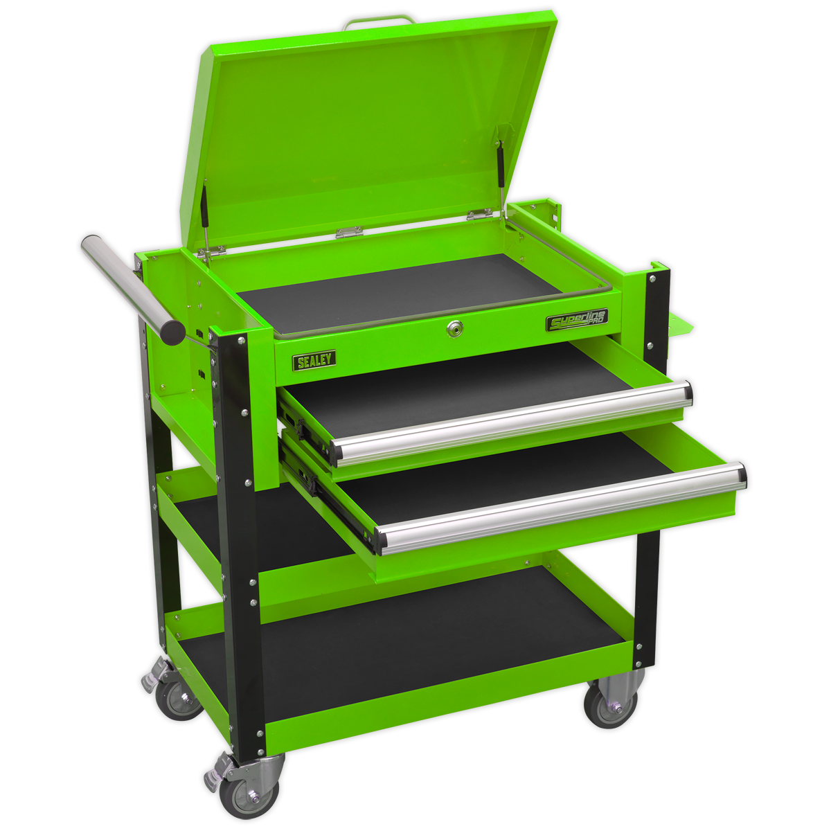 Sealey 2 Drawer Heavy-Duty Mobile Tool & Parts Trolley with Lockable Top - Hi-Vis Green AP760MHV