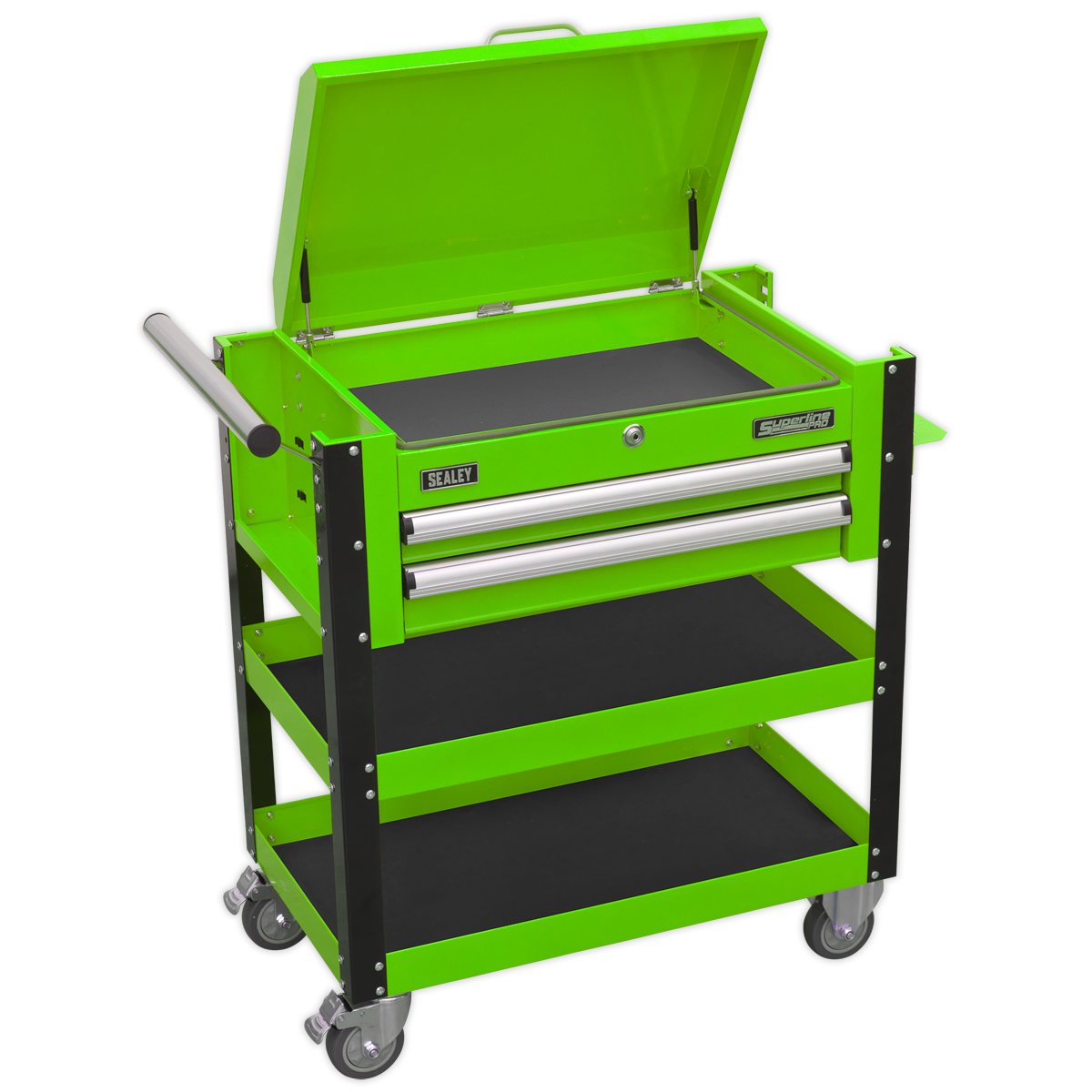 Sealey 2 Drawer Heavy-Duty Mobile Tool & Parts Trolley with Lockable Top - Hi-Vis Green AP760MHV