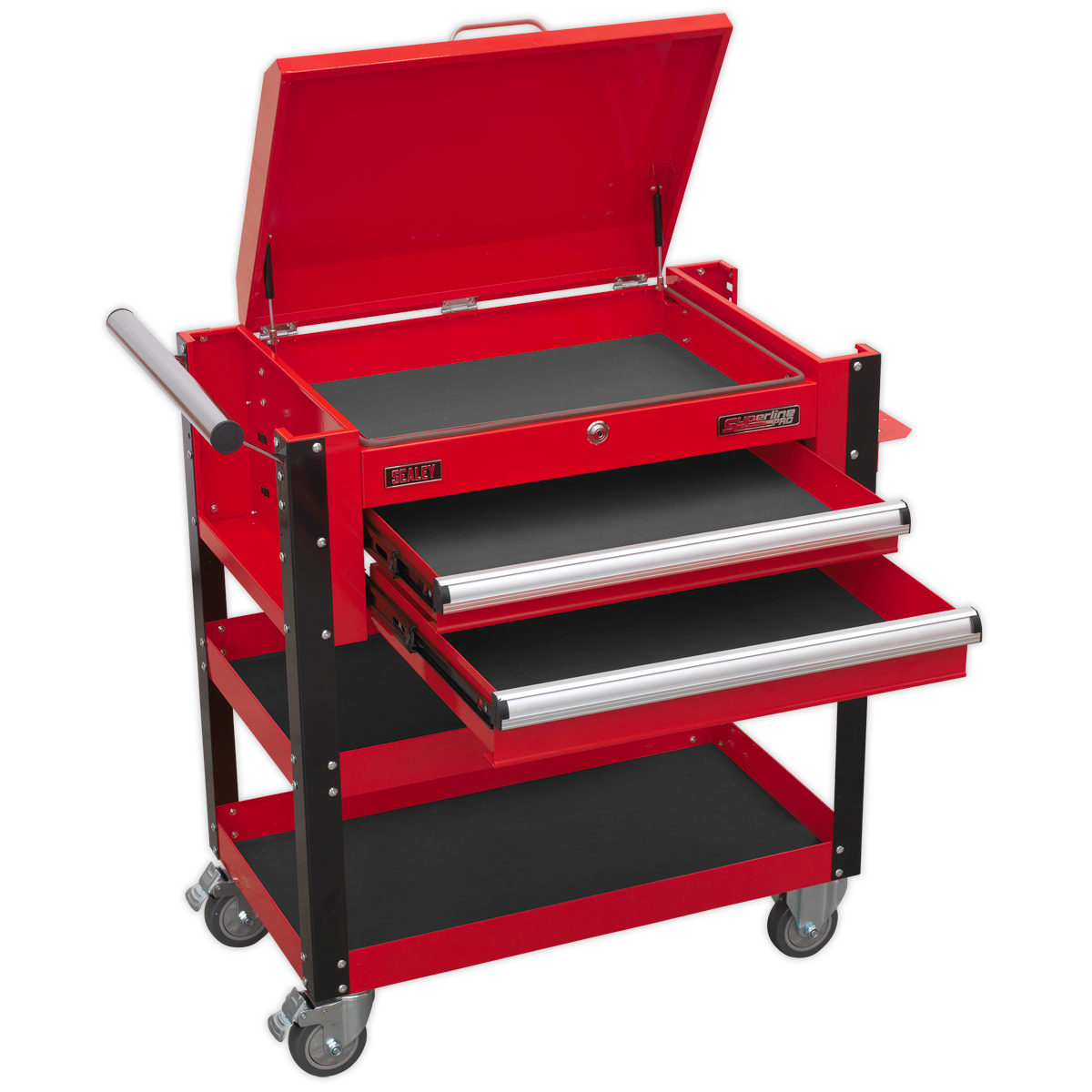 Sealey 2 Drawer Heavy-Duty Mobile Tool & Parts Trolley with Lockable Top - Red AP760M
