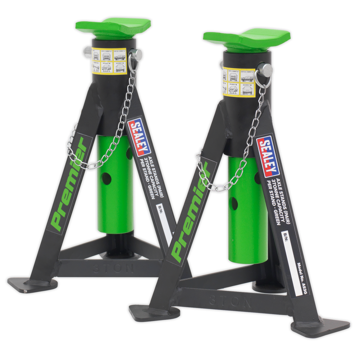 Sealey Axle Stands (Pair) 3tonne Capacity per Stand - Green AS3G
