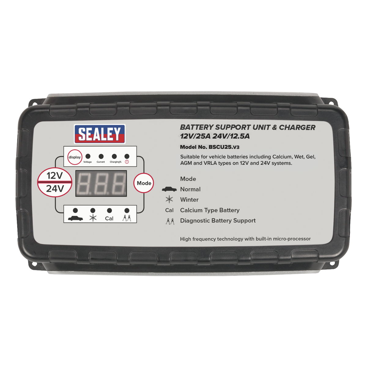 Sealey 25A 12V/24V Battery Support Unit & Charger BSCU25