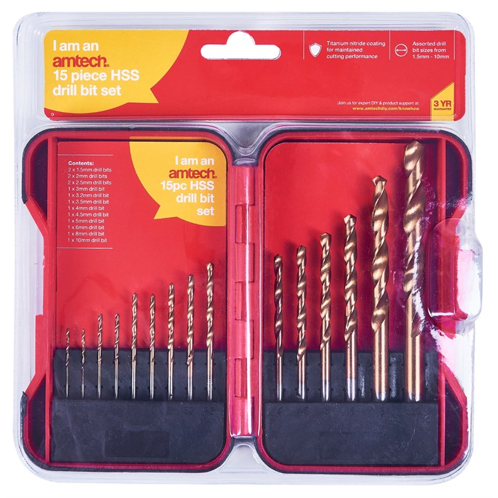 Amtech 15 Piece titanium coated high speed steel (HSS) drill bit set F1132