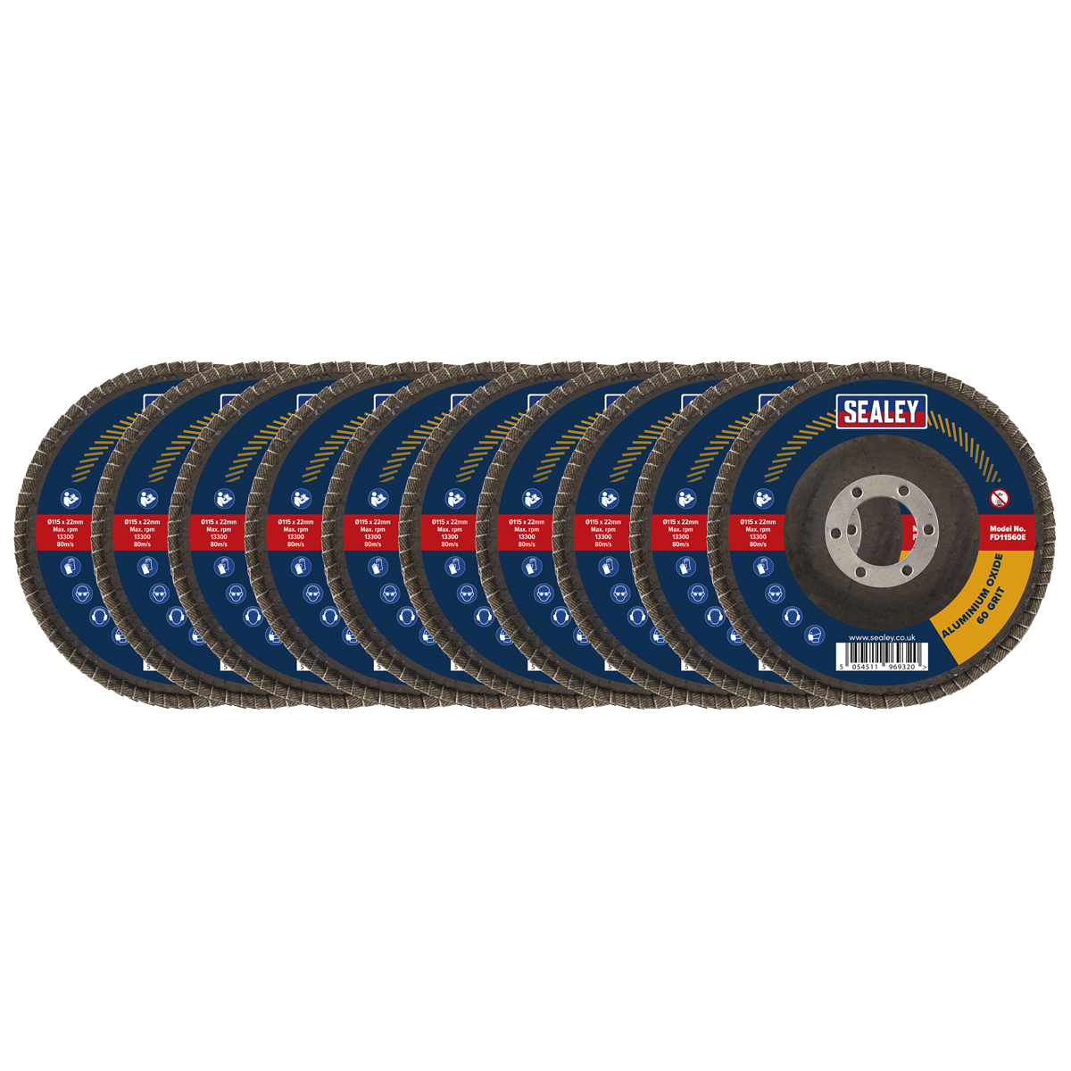 Sealey Ø115mm Aluminium Oxide Flap Discs Ø22mm Bore - Assorted Grit - Pack of 10 FD115EMIX