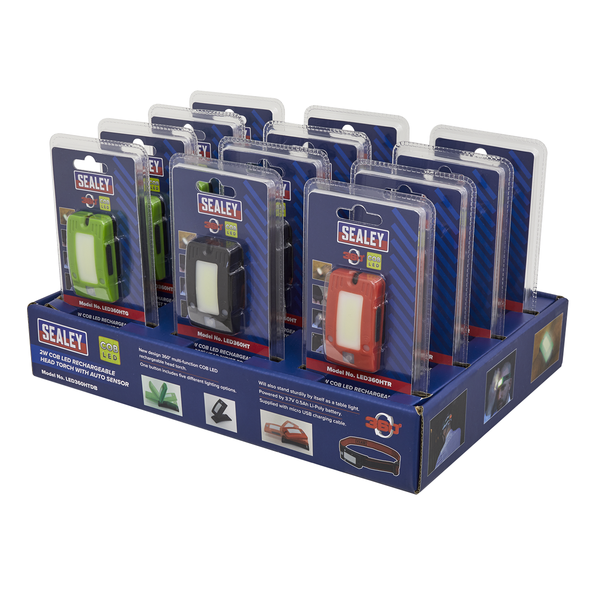 Sealey 2W COB LED Rechargeable Head Torch with Auto-Sensor - Display Box of 12 LED360HTDB