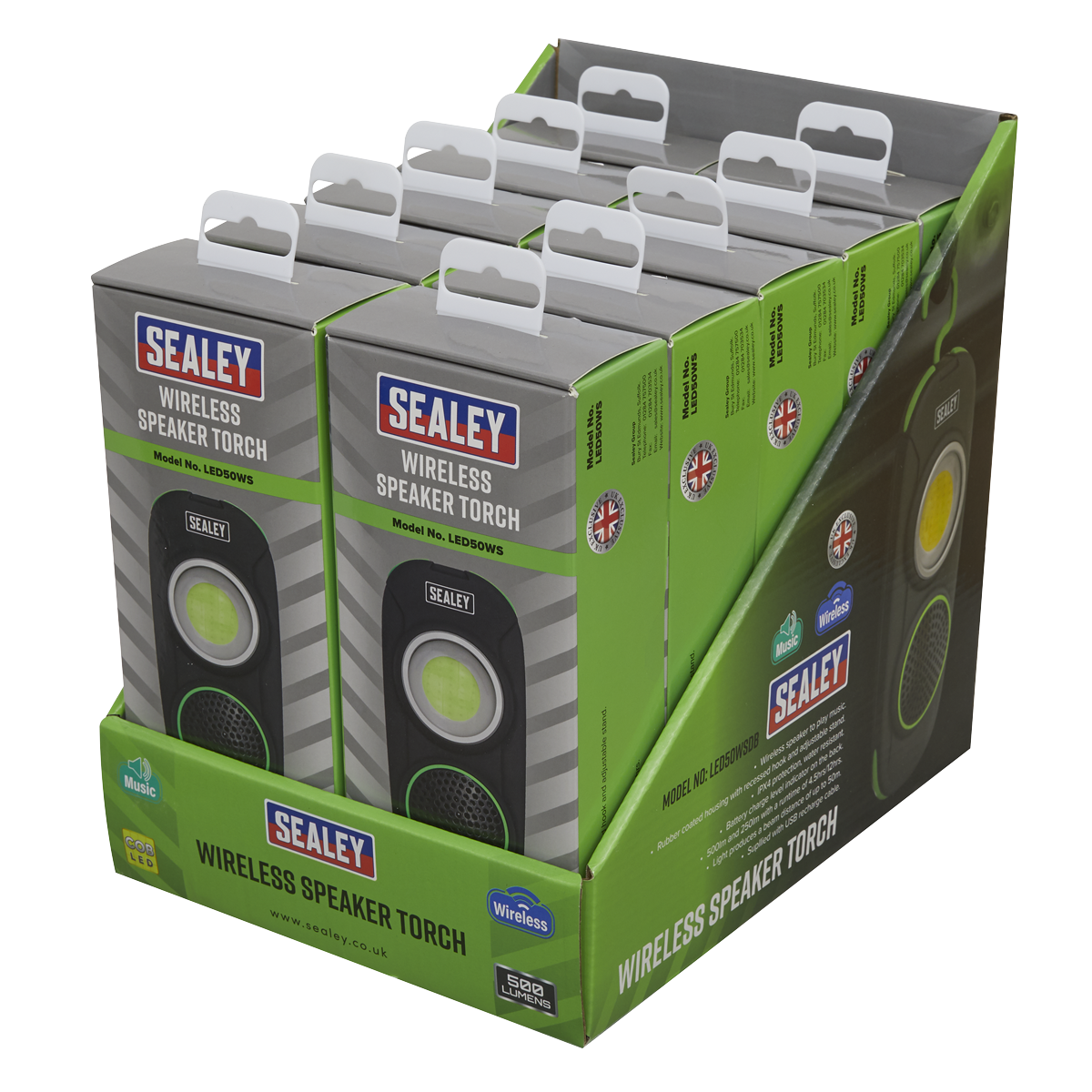 Sealey 10W COB LED Rechargeable Torch with Wireless Speaker - Display Box of 10 LED50WSDB