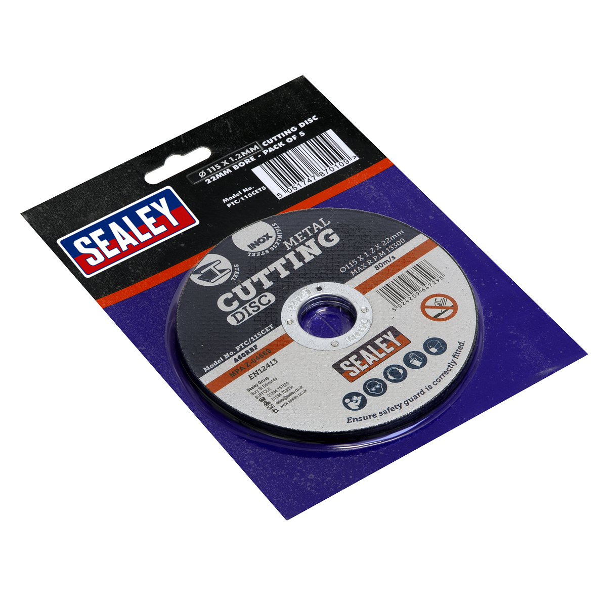 Sealey Ø115 x 1.2mm Cutting Disc 22mm Bore - Pack of 5 PTC/115CET5