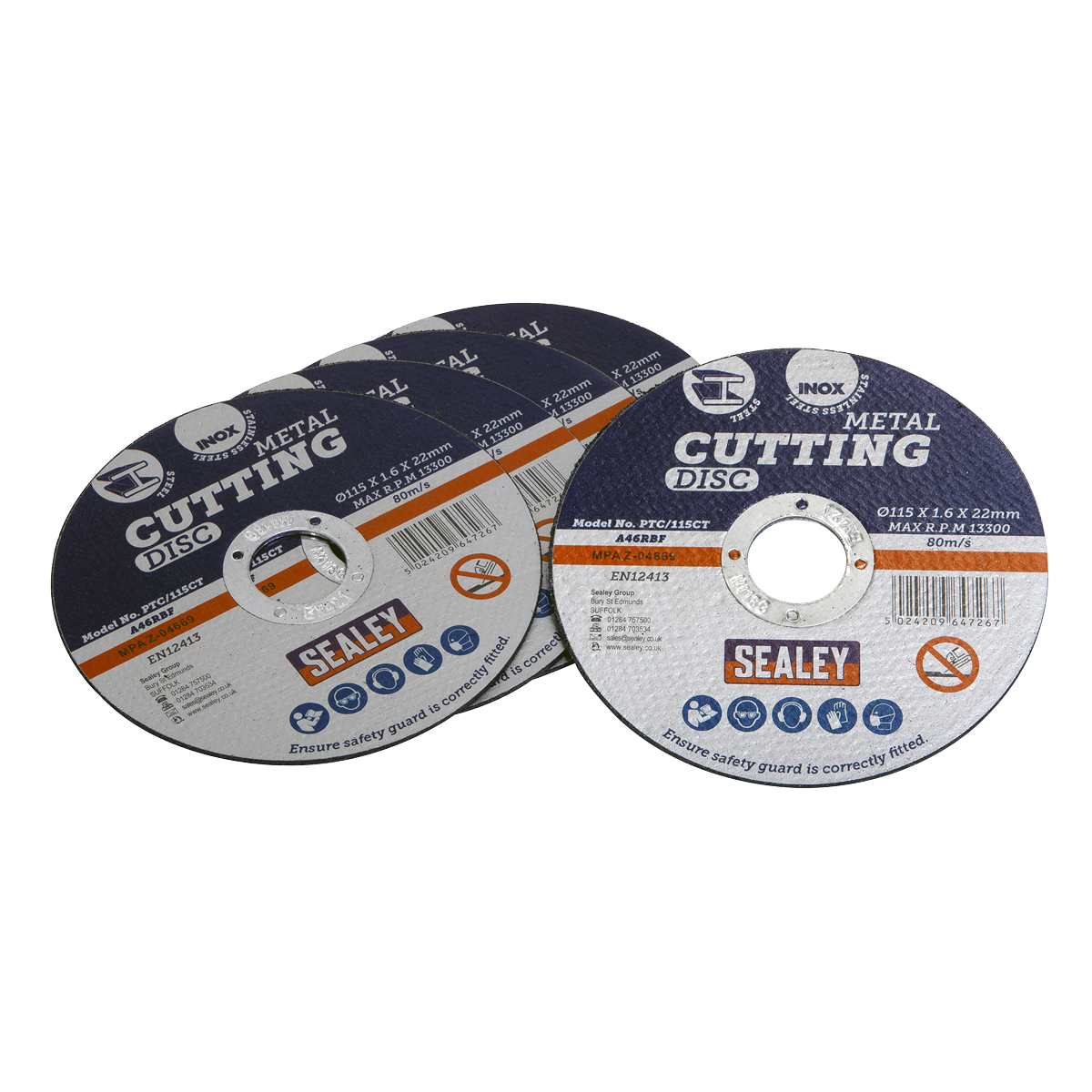 Sealey Ø115 x 1.6mm Cutting Disc 22mm Bore - Pack of 5 PTC/115CT5