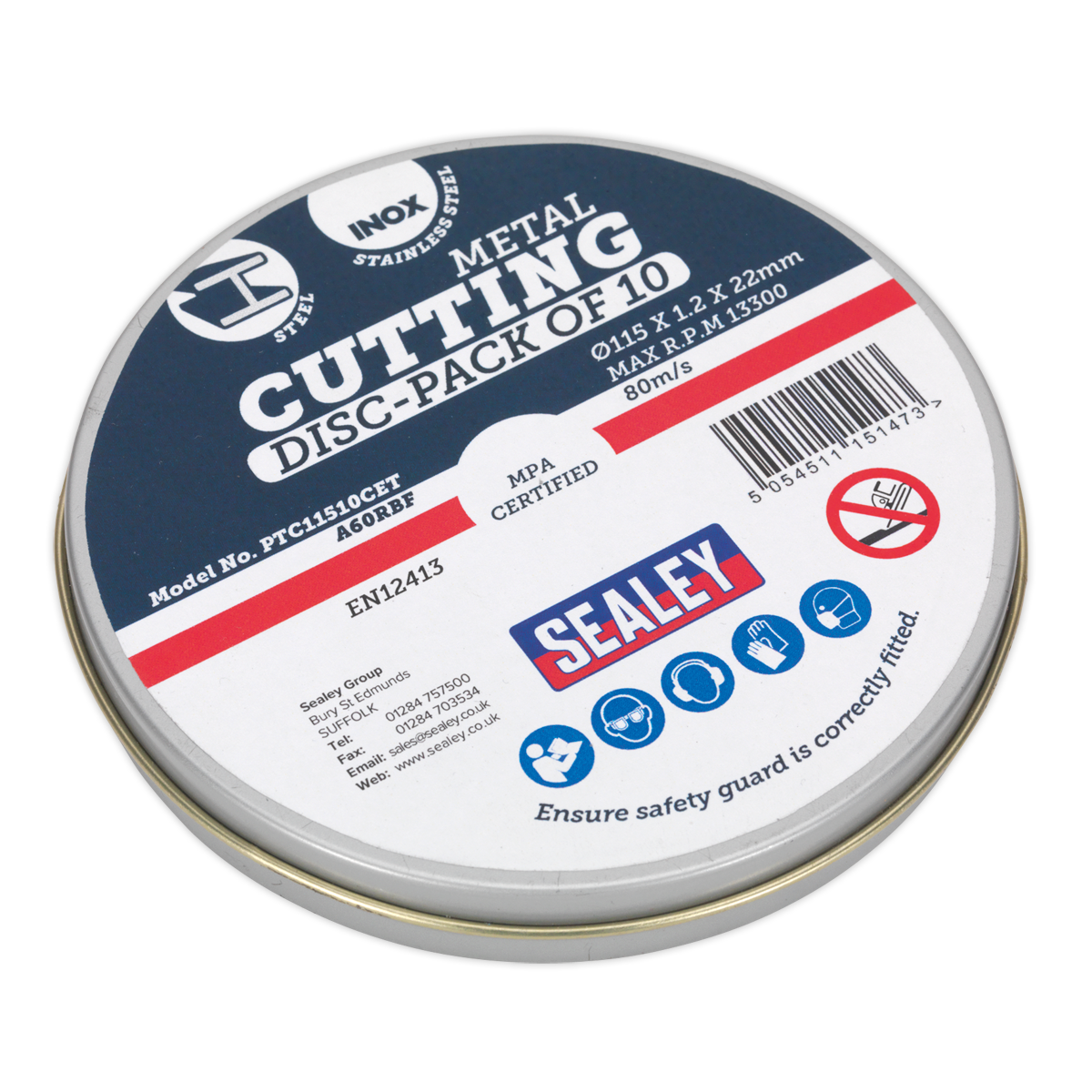 Sealey Ø115 x 1.2mm Cutting Disc Ø22mm Bore - Pack of 10 PTC11510CET