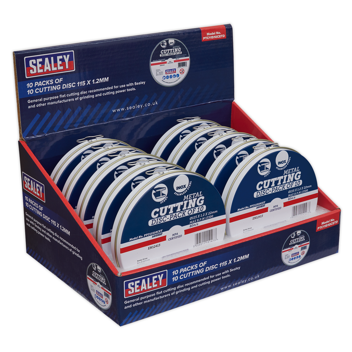 Sealey Ø115 x 1.2mm Metal Cutting Discs - Display Box 10 Packs of 10 PTC11510CETD