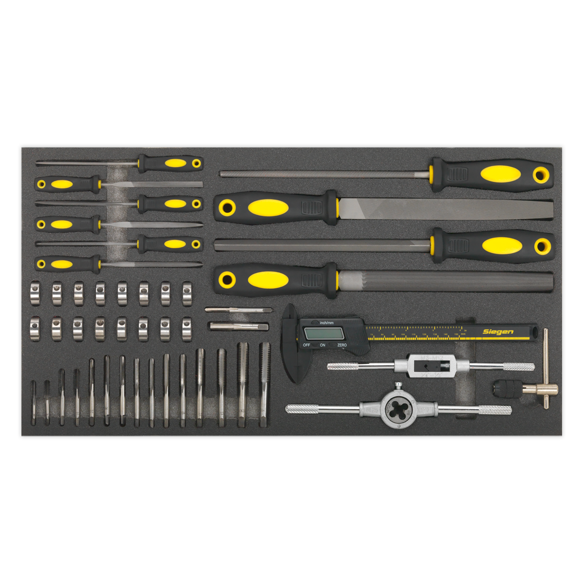 Sealey 48pc Tap & Die, File & Caliper Set with Tool Tray S01132
