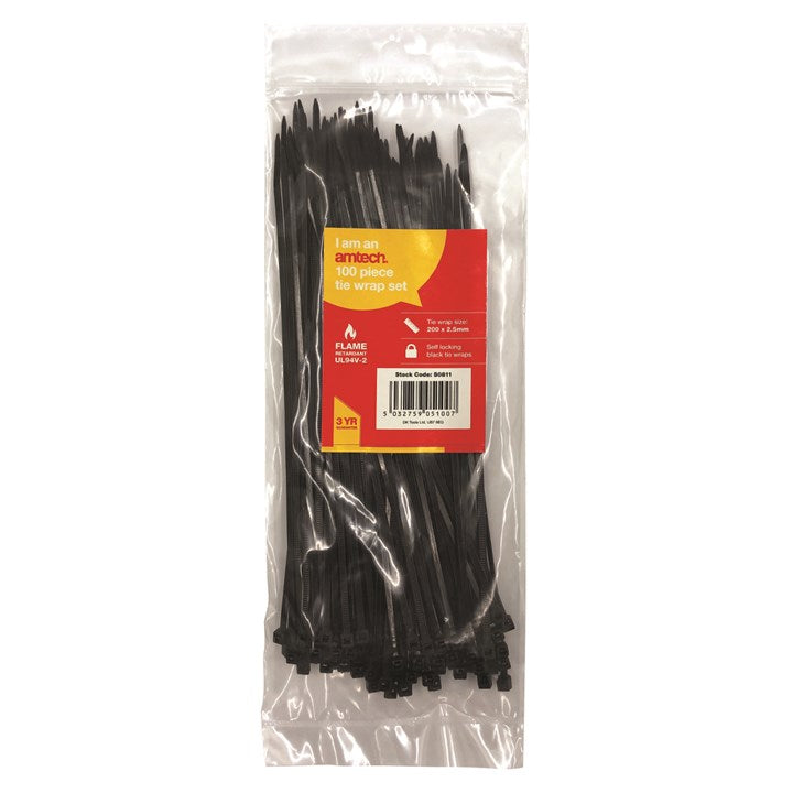 Amtech 100 Tie wraps (200mm x 2.5mm) - black S0811