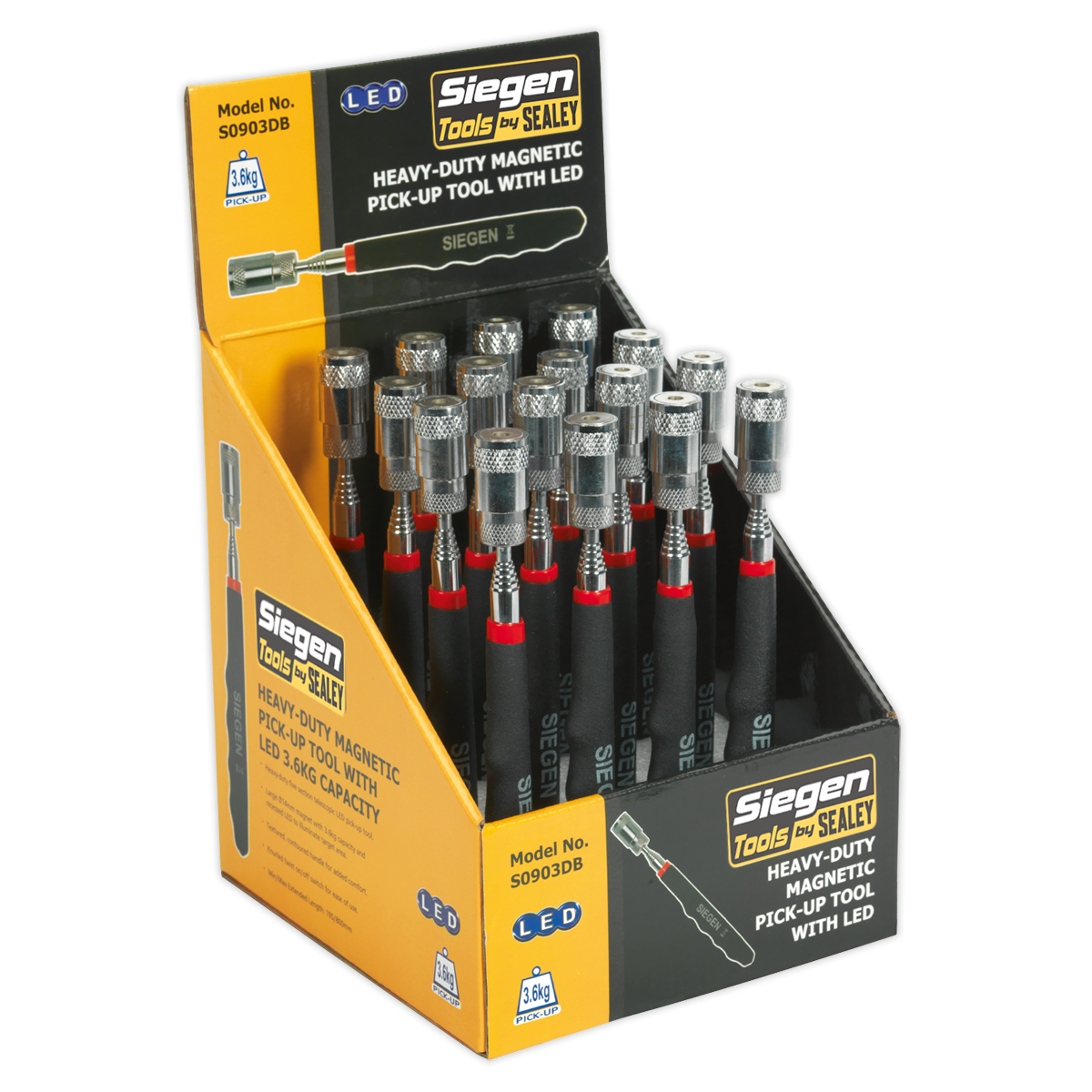 Sealey Heavy-Duty Magnetic Pick-Up Tool with LED - 3.6kg Capacity - Display Box of 16 S0903DB