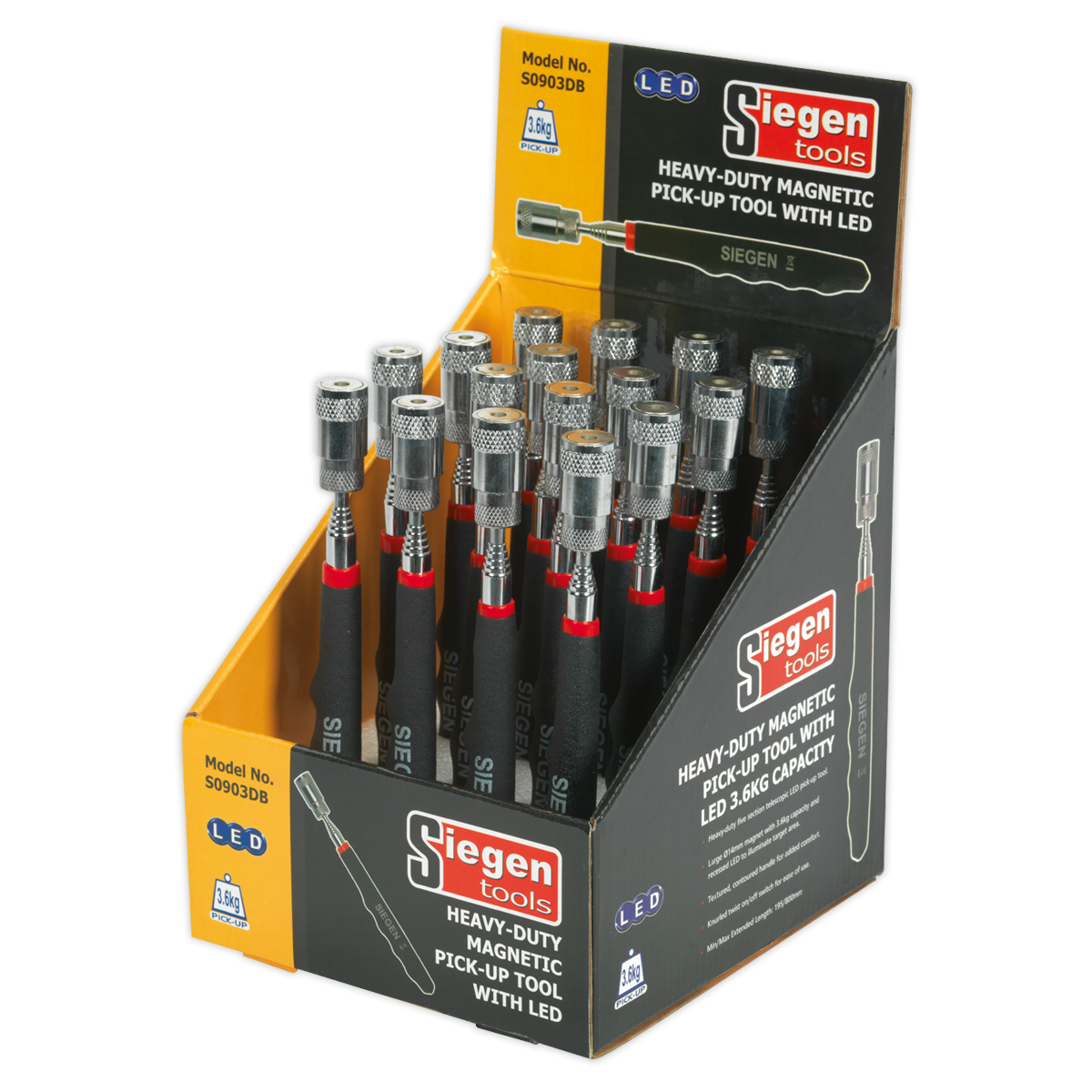 Sealey Heavy-Duty Magnetic Pick-Up Tool with LED - 3.6kg Capacity - Display Box of 16 S0903DB