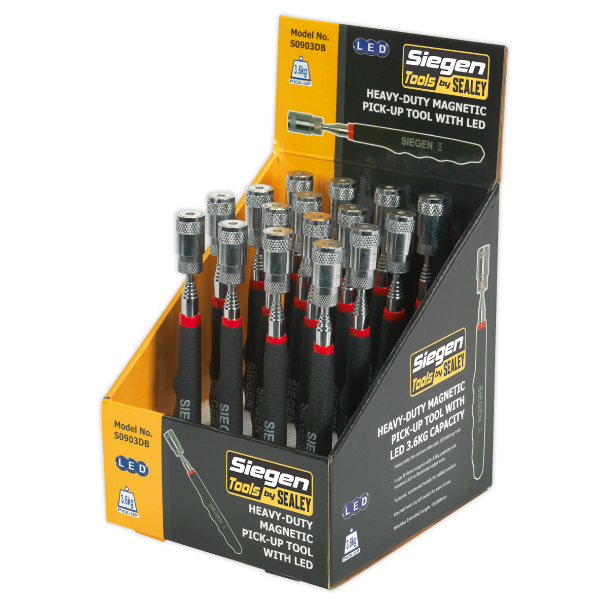 Sealey Heavy-Duty Magnetic Pick-Up Tool with LED - 3.6kg Capacity - Display Box of 16 S0903DB