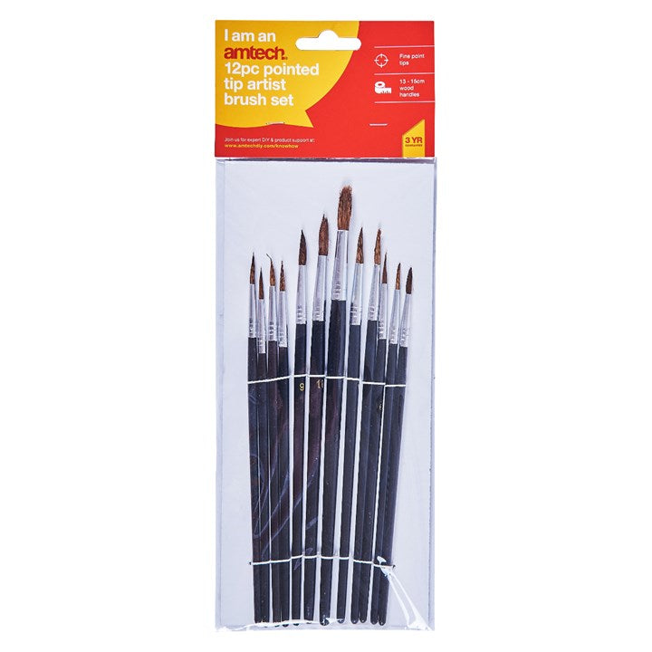 Amtech 12 Piece fine pointed tip art brush set S4120
