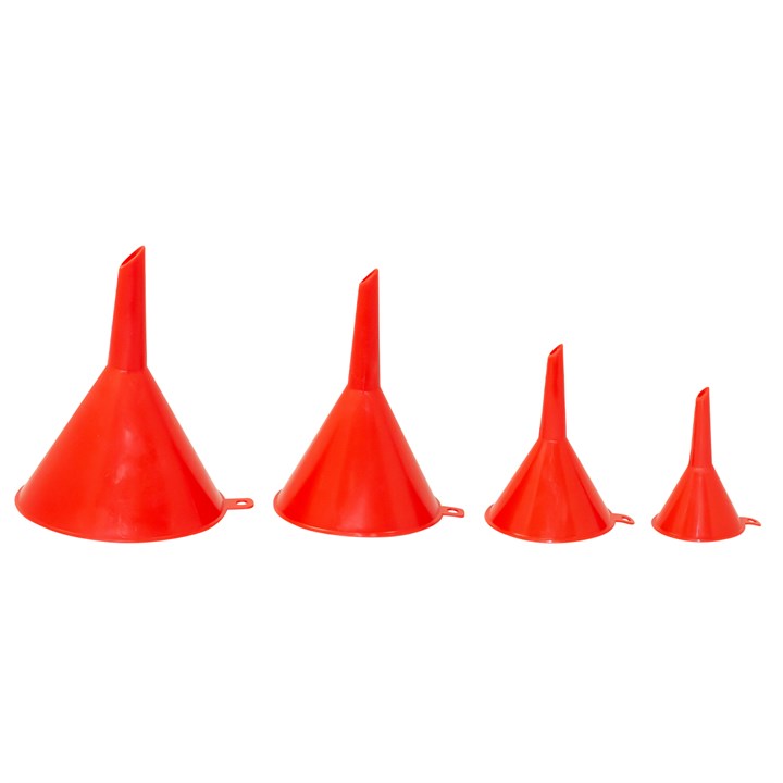 Amtech This handy 4 piece mini plastic funnel set is made from durable, easy to clean Polypropylene. The set is suitable for a wide range of garden, DIY and automotive uses, including topping up battery deionised water or brake fluid. S4205