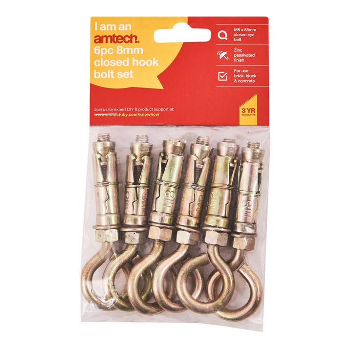 Amtech 6 Piece 8mm closed hook bolts S5965